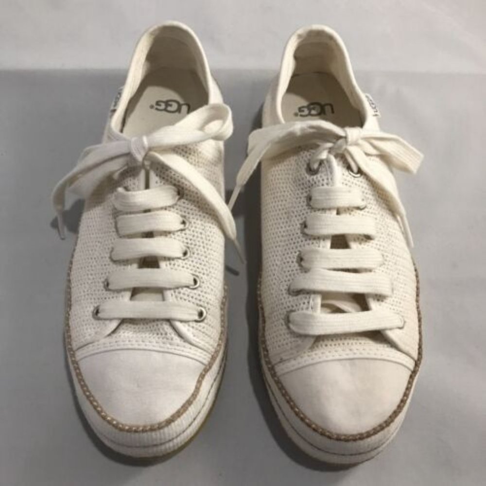 UGG LAUDI 1020094 SZ 7 Lace up Cream Beige Tan Fabric Sneakers Shoes VGC